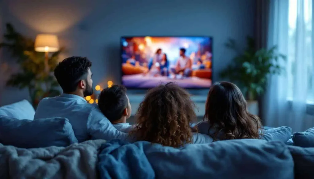 A family of four watching high-definition content from their couch, showcasing the ideal buffering-free setup using the Best IPTV service.