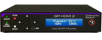 The front panel of a black Contemporary Research QIP-HDMI 2 Dual HD IPTV Encoder displaying setup controls, a USB port, and a glowing blue LCD status monitor.