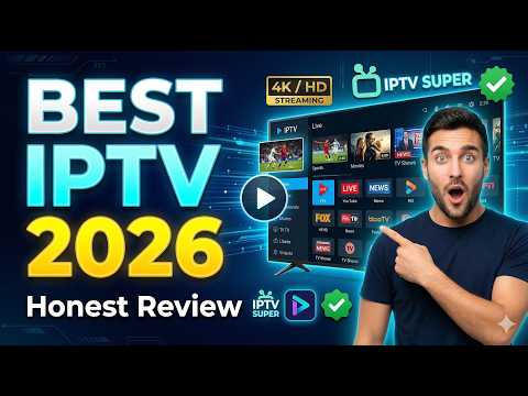 A video thumbnail reviewing the best IPTV 2026 options featuring a man pointing at a smart television screen with live channel selections