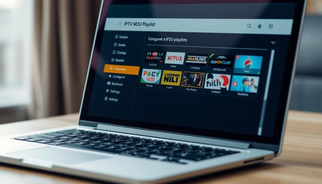Laptop screen displaying an IPTV M3U playlist configuration interface with multiple streaming channel categories