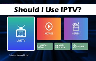 IPTV service application user interface displaying main menu options like Live TV, Movies, and Series beneath a diagnostic question header.